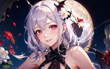 Anime Girl with Wings, AI Art, Smiling, Vampire Girl, Rose Wallpaper