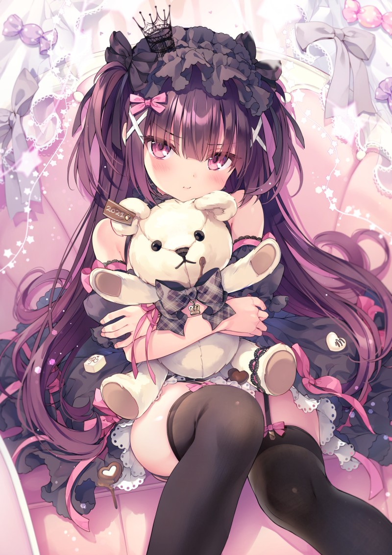 Anime, Anime Girls, Stockings, Purple Hair, Purple Eyes Wallpaper