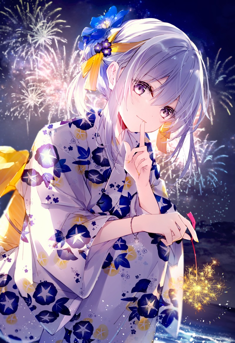 Anime, Anime Girls, Portrait Display, Fireworks, Looking at Viewer, Smiling Wallpaper