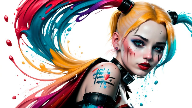 Harley Quinn, DC Comics, AI Art, Multi-colored Hair, Looking at Viewer Wallpaper