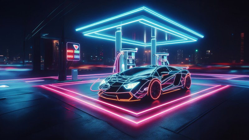AI Art, Illustration, Neon, Sports Car Wallpaper