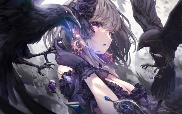 Anime, Anime Girls, Birds, Raven, Flower in Hair Wallpaper