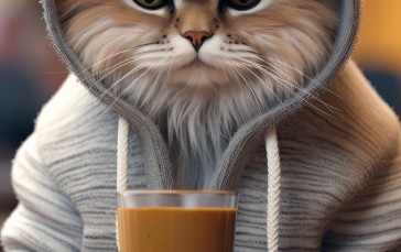 AI Art, Cats, Grey Hoodie, Cafe Wallpaper