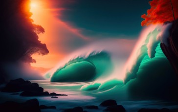 Water, Tsunami, AI Art, Rocks Wallpaper