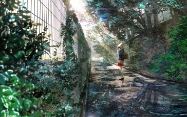 Anime Girls, Leaves, Bag, Sunlight Wallpaper