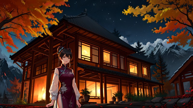 AI Art, Anime Girls, Chi Pao, House Wallpaper