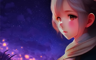 Anime Girls, Sky, Grass, Stars Wallpaper