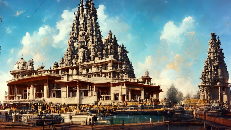 AI Art, Hindu Architecture, Clouds, Water, Sky Wallpaper
