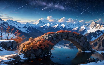 AI Art, Snowy Peak, Water, Arch Bridge Wallpaper