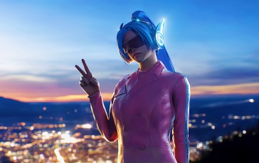 Game CG, Blue Hair, Victory Sign, Women, Ponytail, Lights Wallpaper