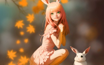 Anime Girls, Squatting, Bunny Ears, Rabbits Wallpaper