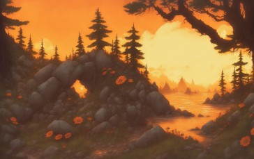 Sunset, Landscape, Flowers, Trees, AI Art Wallpaper