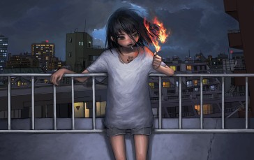 Burning, Shorts, T-shirt, Building, Night, Anime Girls Wallpaper