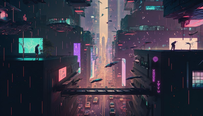 AI Art, City, Cyberpunk, Night, City Lights Wallpaper