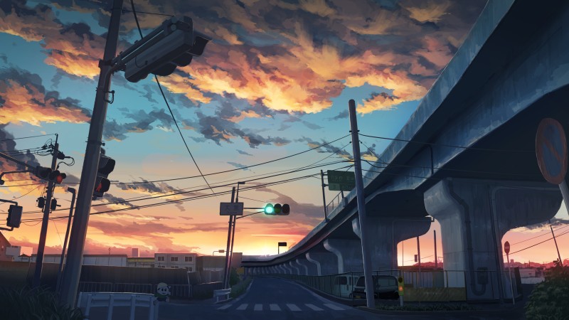 Anime, Calles (france), Clouds, Sunset Glow, Street, Traffic Lights Wallpaper