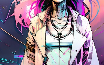 Inkpunk, Cyberpunk, Pink Hair, Pink Jacket, AI Art Wallpaper