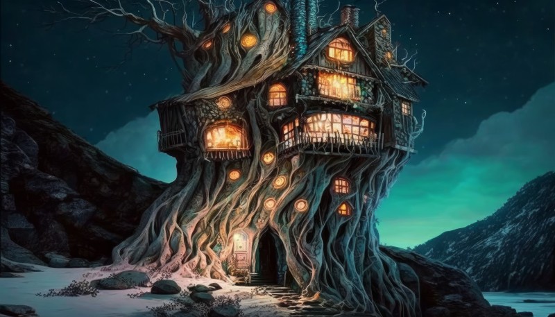 AI Art, Illustration, House, Trees, Tree House Wallpaper