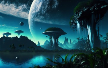 AI Art, Illustration, Alien Planet, Trees, Moon, Dawn Wallpaper