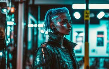 AI Art, Women, Cyberpunk, City, Street, Leather Jacket Wallpaper