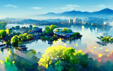 Lake, City, AI Art, Water Wallpaper