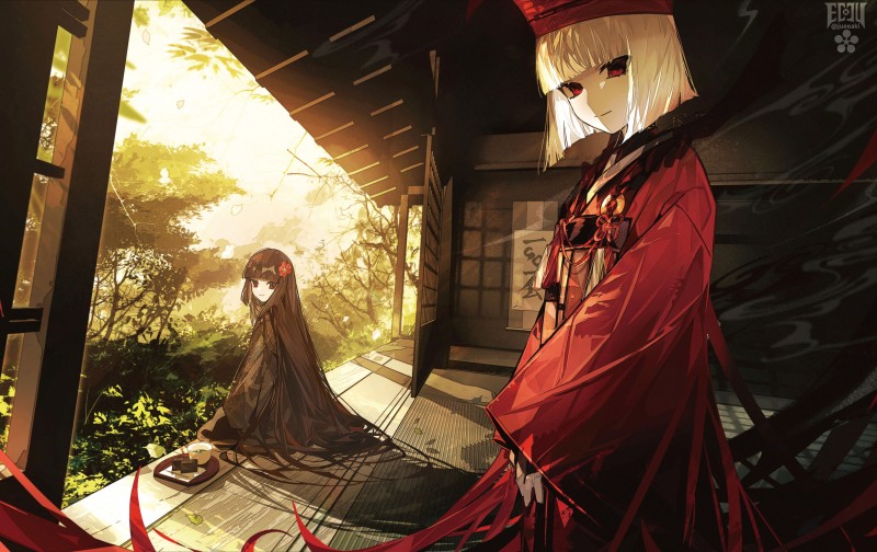 Fate/Grand Order, Red Dress, White Hair, Looking at Viewer, Porch, Anime Girls Wallpaper
