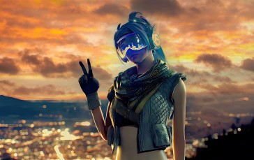 Blue Hair, Yellow Sky, Game CG, Women, Victory Sign Wallpaper