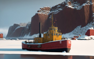 AI Art, Painting, Tugboat, Winter, Snow Wallpaper