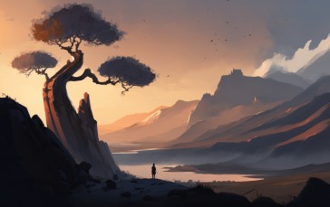 AI Art, Illustration, Landscape, Trees, Mountains Wallpaper
