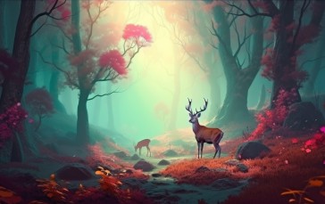 AI Art, Illustration, Forest, Deer, Trees Wallpaper