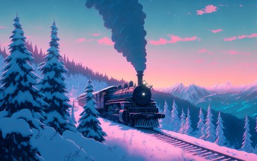 Snow, Trees, Train, Illustration, Railway Wallpaper