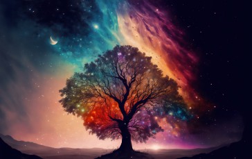 AI Art, Illustration, Trees, Color Burst, Night Wallpaper