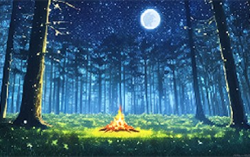 Forest, Night, Moon, Trees, Pixel Art, Fire Wallpaper