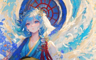Blue Hair, Anime, Blue Eyes, Kimono Wallpaper