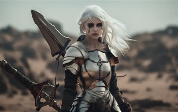 AI Art, Women, Warrior, White Hair Wallpaper