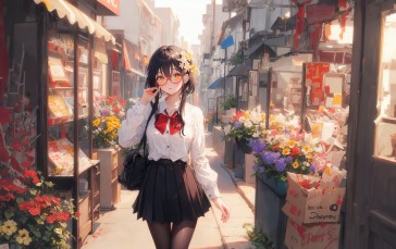 Anime, Anime Girls, AI Art, Glasses, Street, Flowers Wallpaper