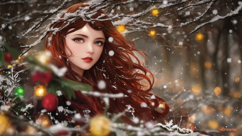 Christmas, Red, Snow, Brunette, Long Hair, Gray Eyes Wallpaper