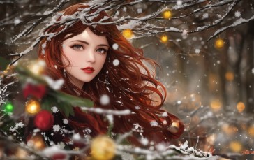 Christmas, Red, Snow, Brunette, Long Hair, Gray Eyes Wallpaper