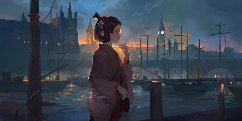 Susato Mikotoba, Dock, Sunset, Anime Girls, The Great Ace Attorney Wallpaper