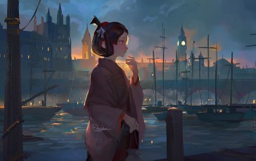 Susato Mikotoba, Dock, Sunset, Anime Girls, The Great Ace Attorney Wallpaper