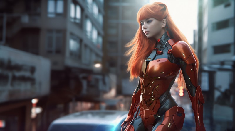 AI Art, Women, Redhead, Armor, City, Science Fiction Wallpaper