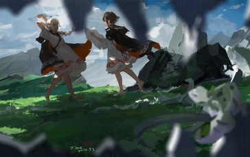 XilmO, Anime Girls, Grass, Mountains Wallpaper