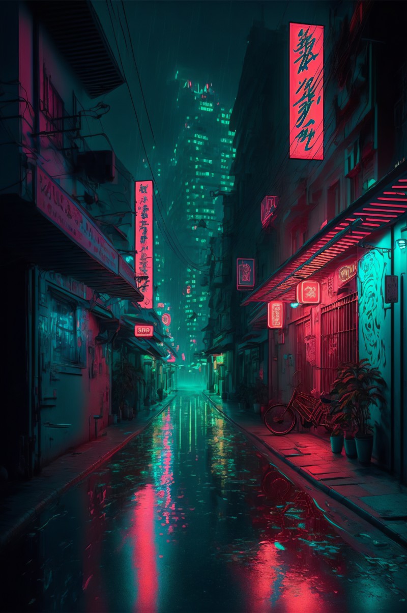 AI Art, Cyberpunk, City, Rain Wallpaper