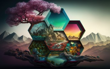 AI Art, Hexagon, Trees, Colorful, Digital Art, Mountains Wallpaper