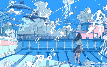 Anime, Anime Girls, Dolphin, Jellyfish, Animals, Water Wallpaper