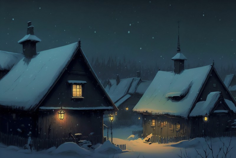 AI Art, Winter, Snow, Village, Night Wallpaper