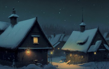 AI Art, Winter, Snow, Village, Night Wallpaper