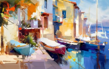 AI Art, Painting, Boat, Mediterranean Wallpaper