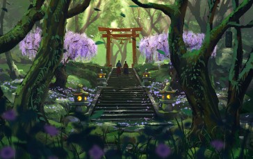 Japanese Art, Forest, Torii, Digital Art, Stairs, Trees Wallpaper