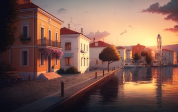 AI Art, Waterfront, Sunset, Mediterranean Sea, Village Wallpaper