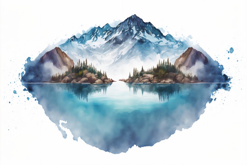 AI Art, Watercolor Style, Mountains, Lake, Landscape Wallpaper